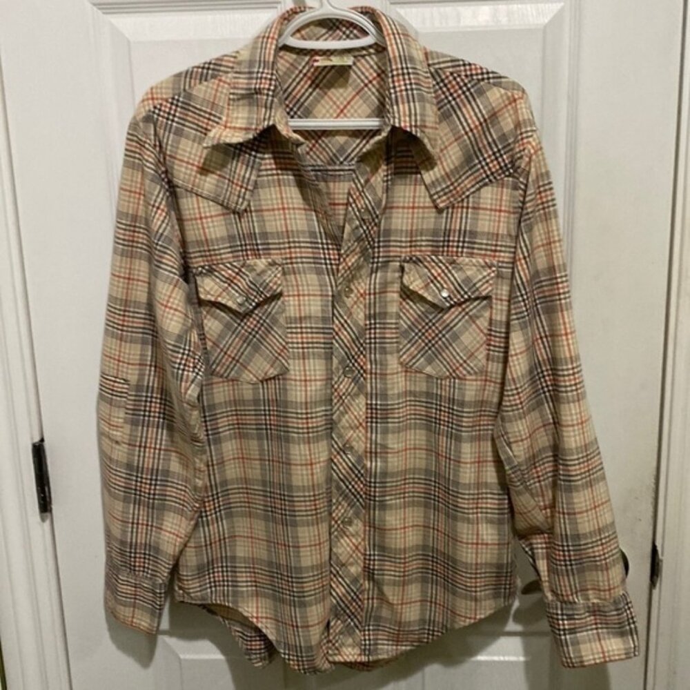 Vintage Sears Kings Road Plaid Shirt Mens Pearl Snap Long Sleeve Western Size M